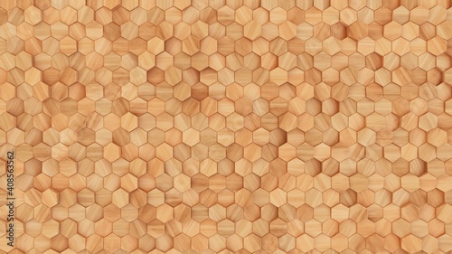 Fototapeta Naklejka Na Ścianę i Meble -  Wooden wall background. Light wood pattern. Modern wood template. Hexagonal wooden volume pattern. 3d illustration.