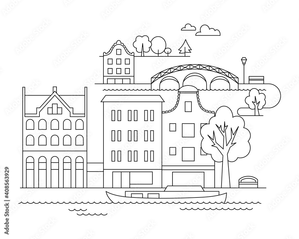 city illustration in linear style - buildings and clouds - graphic design template. Coloring book