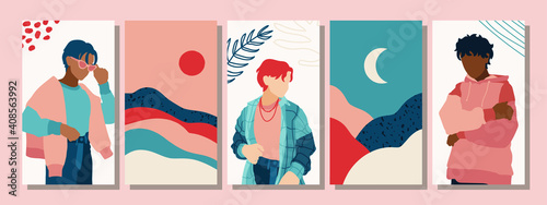 Set of Man's Face minimalist collage abstract contemporary fashion in a modern trendy colors.