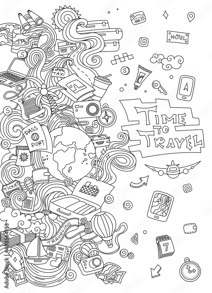 World Travel Set. Hand drawn simple sketches collection. Popular symbols of tourism and traveling - transportation, landmarks, luggage, accommodation, souvenirs, destinations, sightseeing