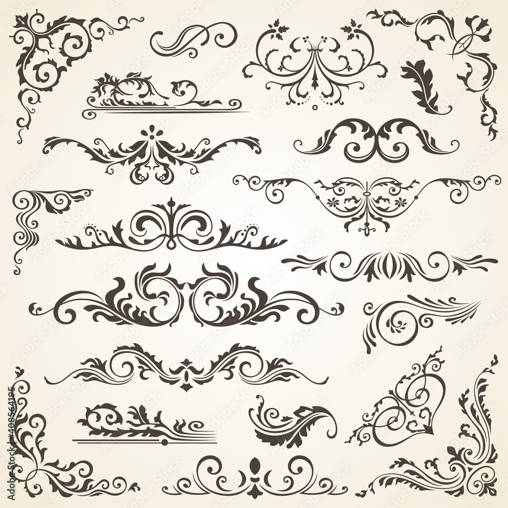 set of Swirl Elements for design. Calligraphic page decoration, Labels, banners, antique and baroque Frames floral ornaments. Old paper