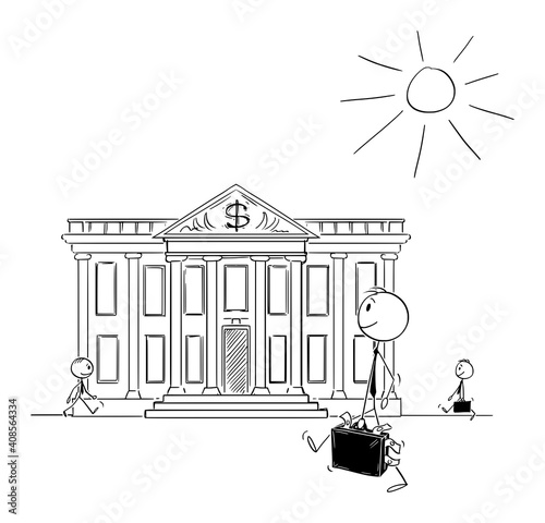 Investor, businessman or banker is walking with case of money to bank building , vector cartoon stick figure or character illustration.