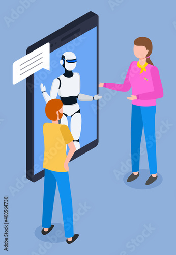 Mobile application, artificial intelligence. Online chat with droid system. Simulation of conversation with assistant at phone. Help chat bot talking with people, dialogue. Isometric 3d illustration