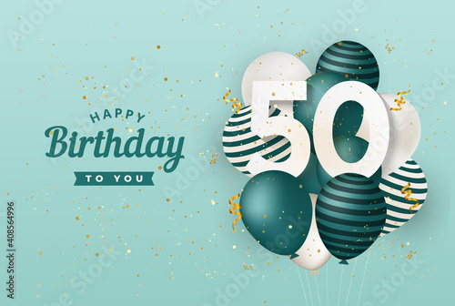 Happy 50th birthday with green balloons greeting card background. 50 years anniversary. 50th celebrating with confetti. Vector stock