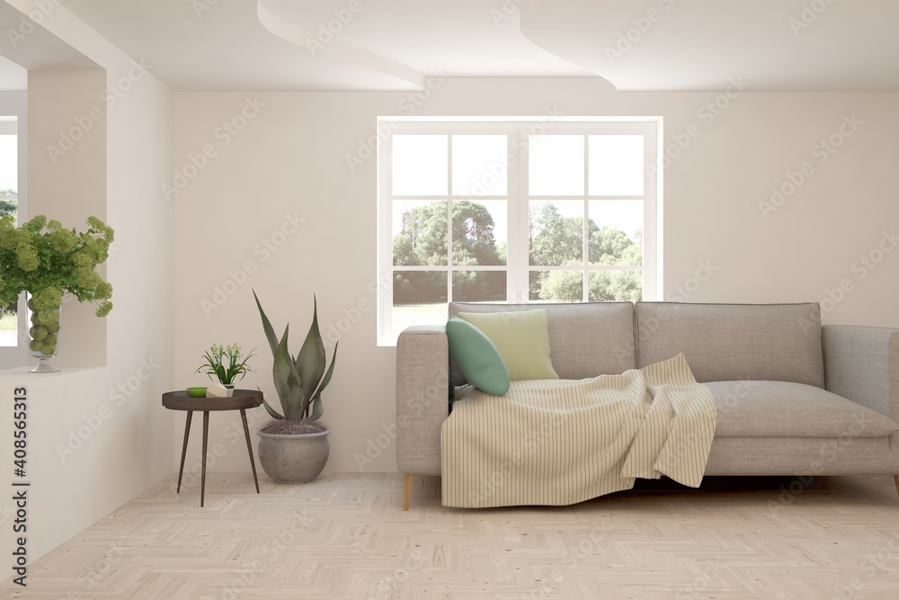 Naklejka premium White living room with sofa. Scandinavian interior design. 3D illustration