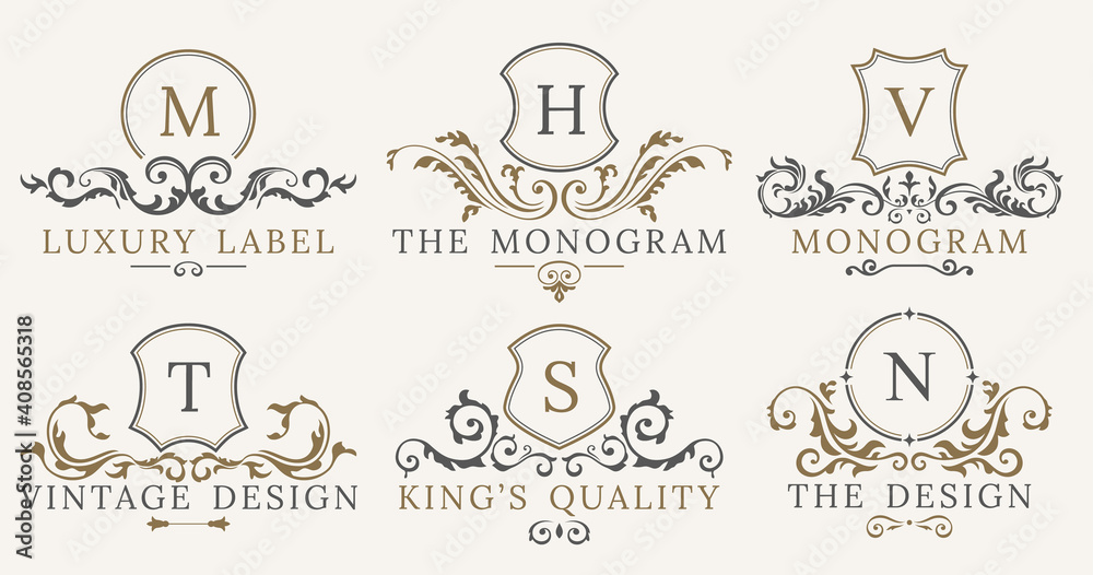 Retro Royal Vintage Shields Logotype set. calligraphyc Luxury logo design elements. Business signs, logos, identity, spa, hotels, badges