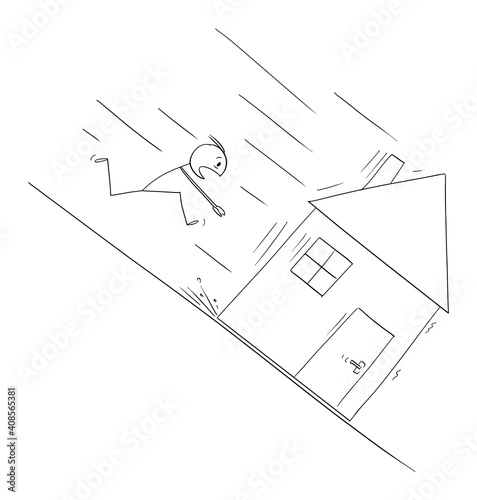 Man running to save his house moving downhill, mortgage or loan concept, vector cartoon stick figure or character illustration.