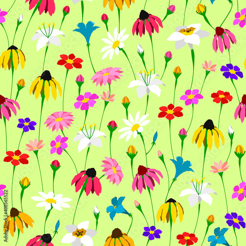 Floral pattern meadow of various flowers blooming on green background