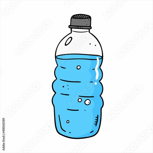 Colored water bottle in doodle style with outline. Vector doodle illustration. Colored illustration. Water bottle isolated on white background.
