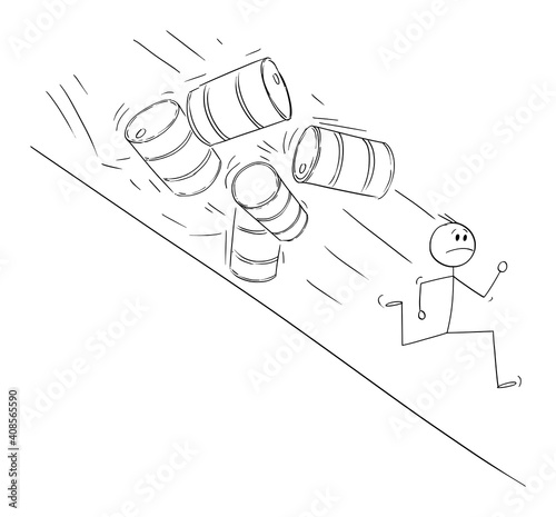 Businessman,investor or oilman running in panic from oil barrels falling downhill, concept of falling prices on market or crisis, vector cartoon stick figure or character illustration.