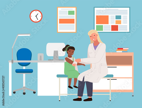 Podiatrist bandages girl s hand. Person on consultation with the orthopedic doctor. Orthopedist treats a child in hospital. Children s doctor works with little female character vector illustration