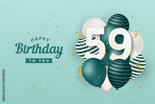 Happy 59th birthday with green balloons greeting card background. 59 years anniversary. 59th celebrating with confetti. Vector stock
