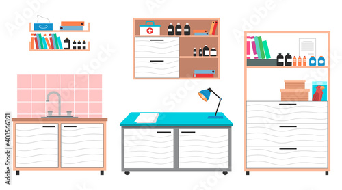 Medical examination or medical check up interior room, veterinary care flat design vector illustration. Interior and equipment of a veterinary office table, shelves with books and medicines, washstand