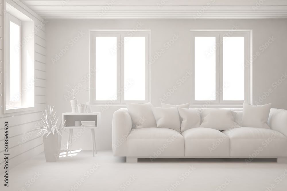 Fototapeta premium White minimalist living room with sofa. Scandinavian interior design. 3D illustration