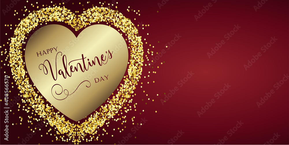 card or banner on a happy valentines day in burgundy in a gold-colored heart on a burgundy background with gold-colored glitter	