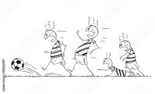 Group of unhealthy living, fat, overweight people is playing soccer or football, concept of healthy lifestyle and sport, vector cartoon stick figure or character illustration.