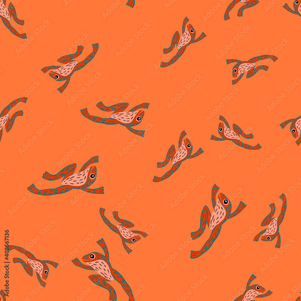 Random seamless nature wild zoo pattern with frog silhouettes ornament. Bright orange background. Random seamless nature wild zoo pattern with frog silhouettes ornament. Bright orange background.