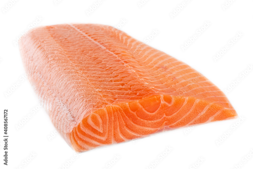 Fresh salmon fillet isolated on white background, raw food, side view