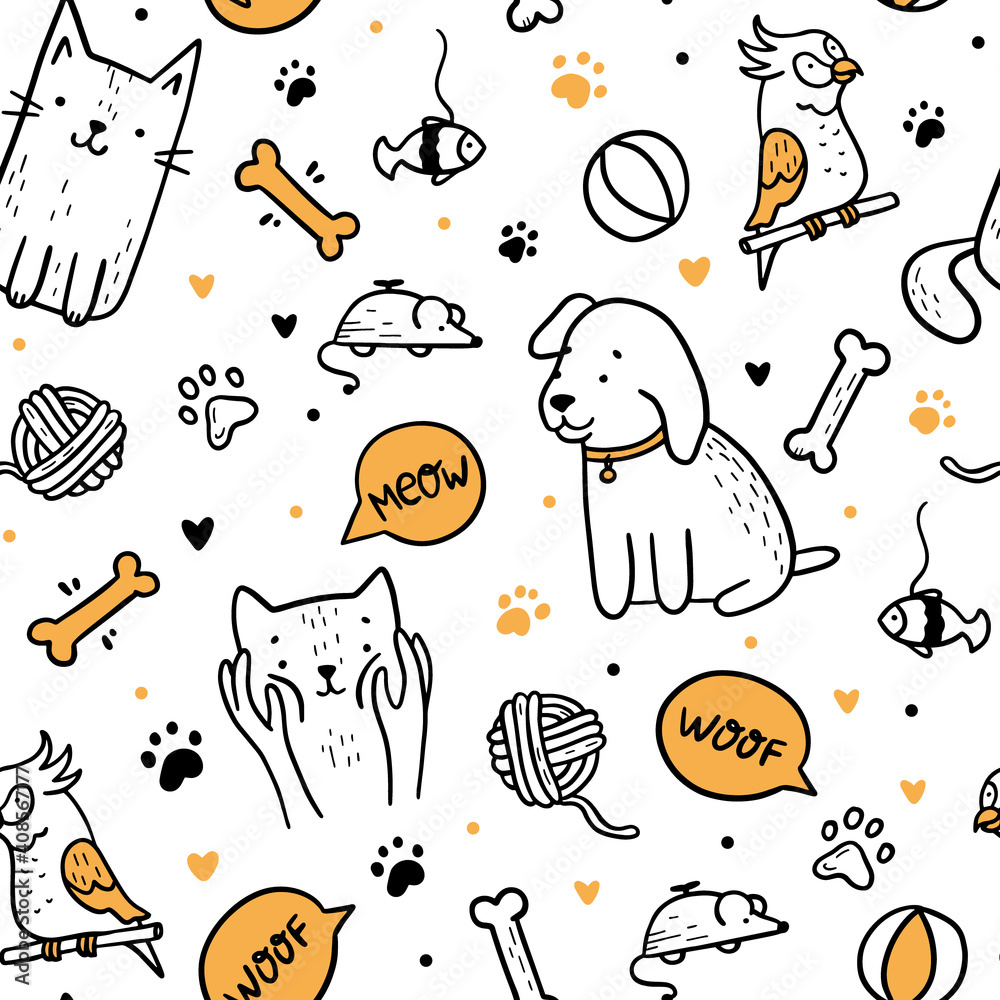 Pets cats and dogs seamless pattern in doodle style. Linear vector ...