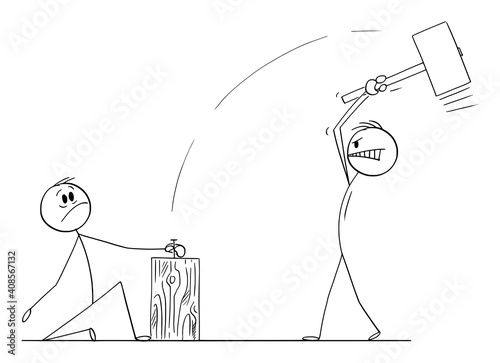 Stressed man is holding nail, while his colleague with big hammer is trying to drive or knock it,concept of teamwork, vector cartoon stick figure or character illustration.