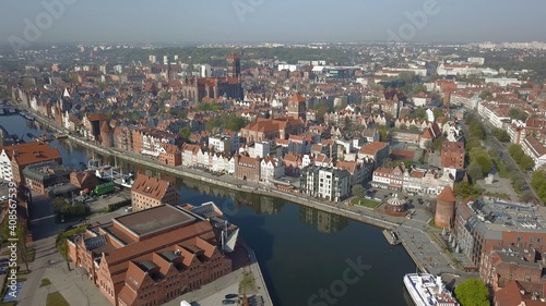 Aerial of Gdansk Old Town Houses Churches River and Cathedral