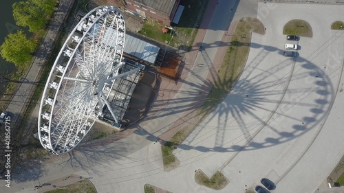 Aerial of Big Ferris Wheel in Gdansk Old Town Poland