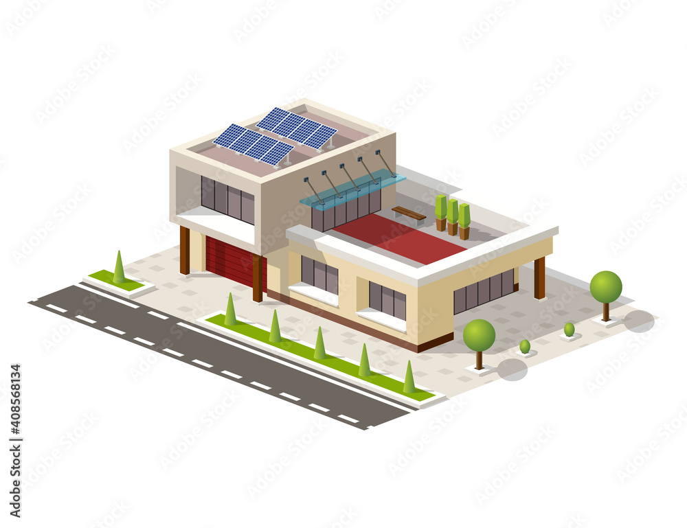 Isometric High-tech house illustration. Contemporary american with solar panels, terrace, green pots. 3D lowpoly office, garage, car store, salon icon