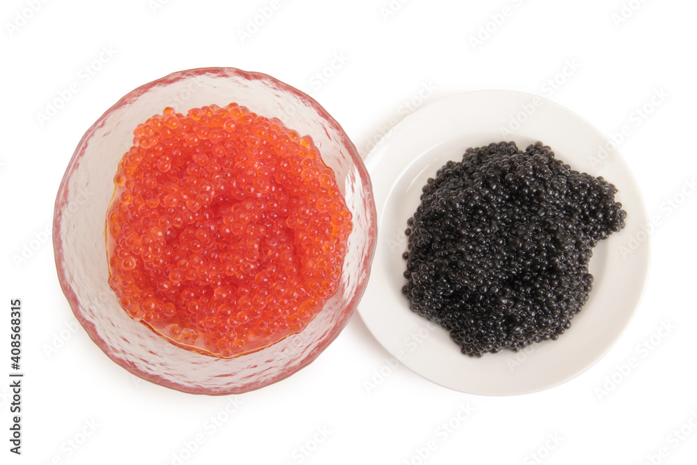 Red caviar lies in a glass bowl. Isolated object on a white background Red caviar lies in a glass bowl. Isolated object on a white background