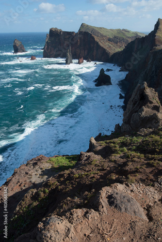 Cliffs and rock formations at Ponta da Sao Lourenco, Madeira, Portugal.
