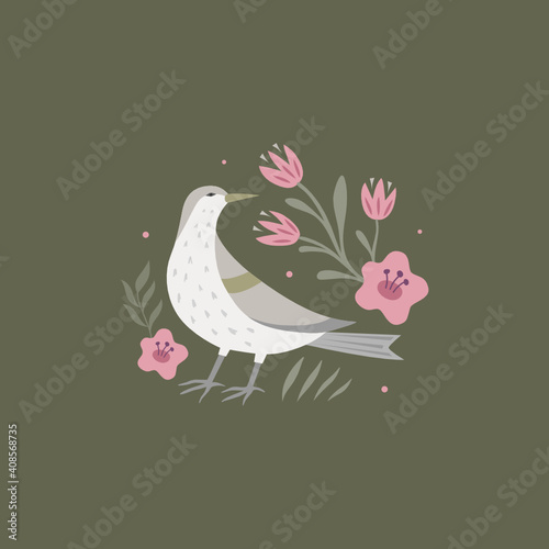 Flower wreath card with birds and flowers. Hand drawn design elements. Floral vector illustration.