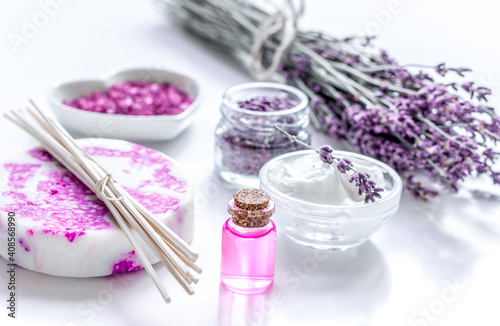 natural herb cosmetic with lavender flowers flatlay on white background © 279photo