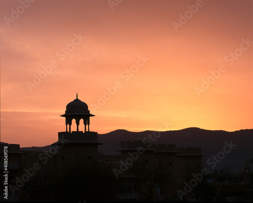 Silhouette of a dome, Jaipur, Rajasthan, India at sunset.