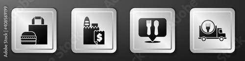 Set Online ordering burger delivery, Online ordering and delivery, Cafe and restaurant location and Fast delivery by car icon. Silver square button. Vector.
