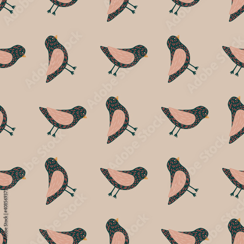 Abstract zoo seamless pattern with pale birds silhouettes print. Pale pink background.