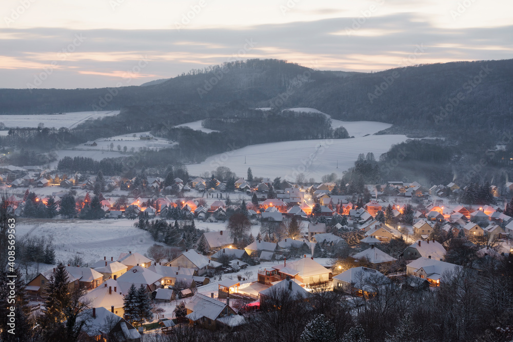Winter in Bakonybel, a small touristic town located in the Bakony mountain range in Hungary (2021 January)
