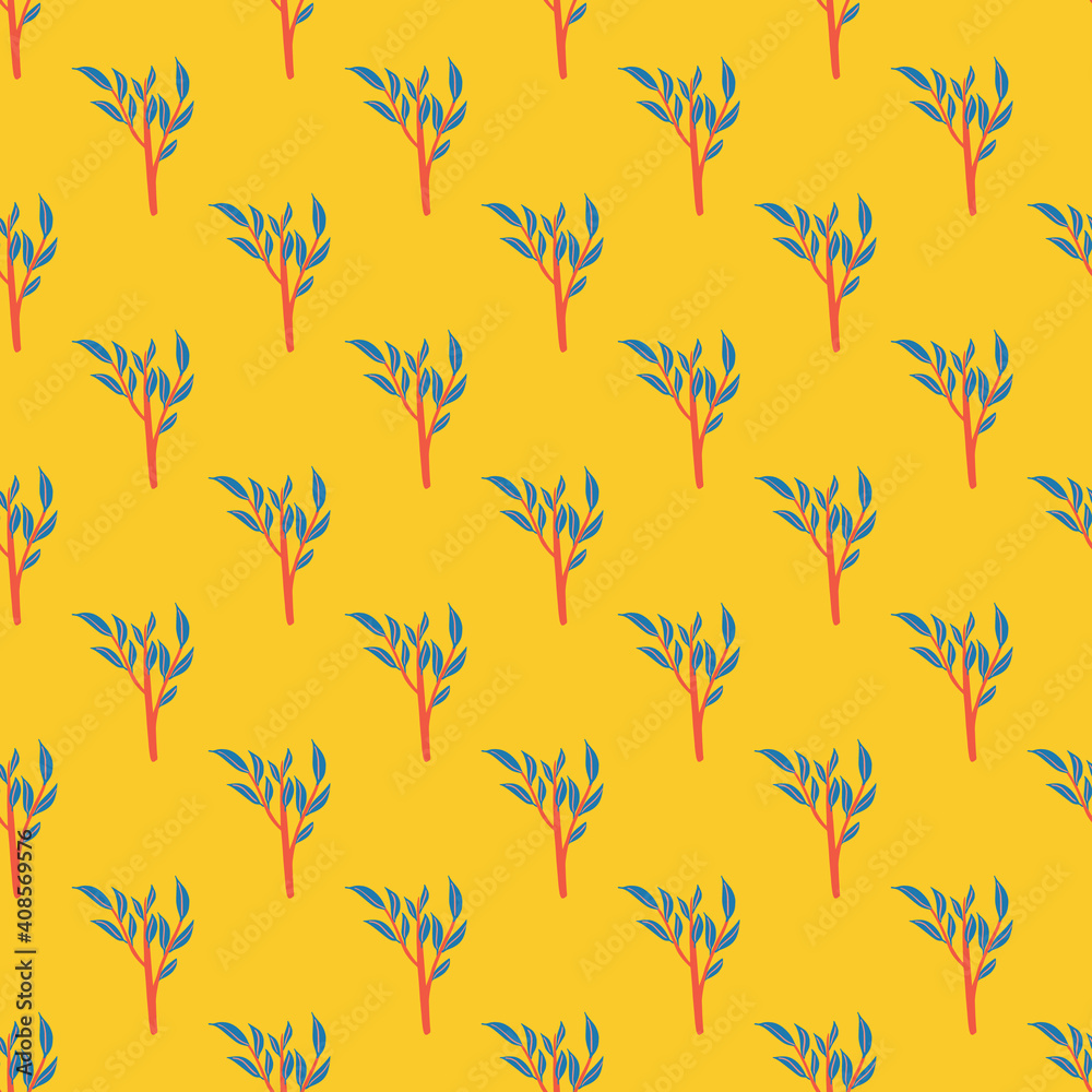 Bright contrast seamless pattern with blue colored leaf branches shapes. Yellow background. Doodle print.