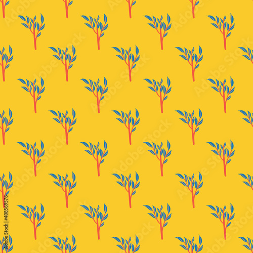 Bright contrast seamless pattern with blue colored leaf branches shapes. Yellow background. Doodle print.