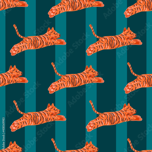 Decorative hand drawn orange ttiger elements seamless pattern. Navy blue striped background. photo