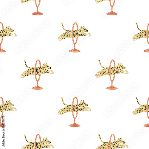 Seamless isolated pattern with circus tiger jumping across ring. White background. Zoo funny print.