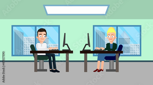 People working in the office, the guys are sitting at their jobs.