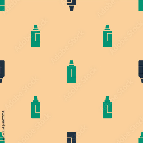 Green and black Plastic bottle for laundry detergent, bleach, dishwashing liquid or another cleaning agent icon isolated seamless pattern on beige background. Vector.