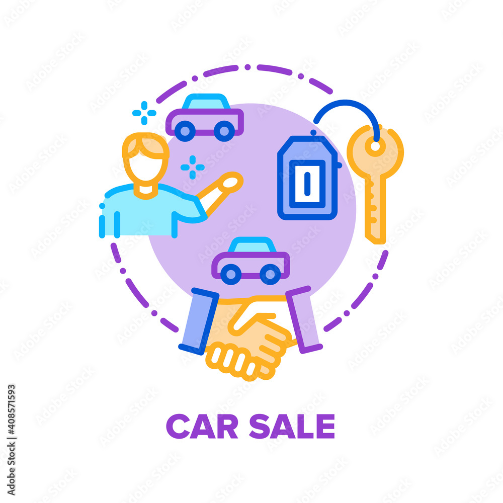 Car Sale And Buy Vector Icon Concept. Car Selling Deal Customer With Dealer In Dealership Office, Happy Client Owner Getting Keys From New Vehicle. Transport Market Color Illustration Car Sale And Buy Vector Icon Concept. Car Selling Deal Customer With Dealer In Dealership Office, Happy Client Owner Getting Keys From New Vehicle. Transport Market Color Illustration
