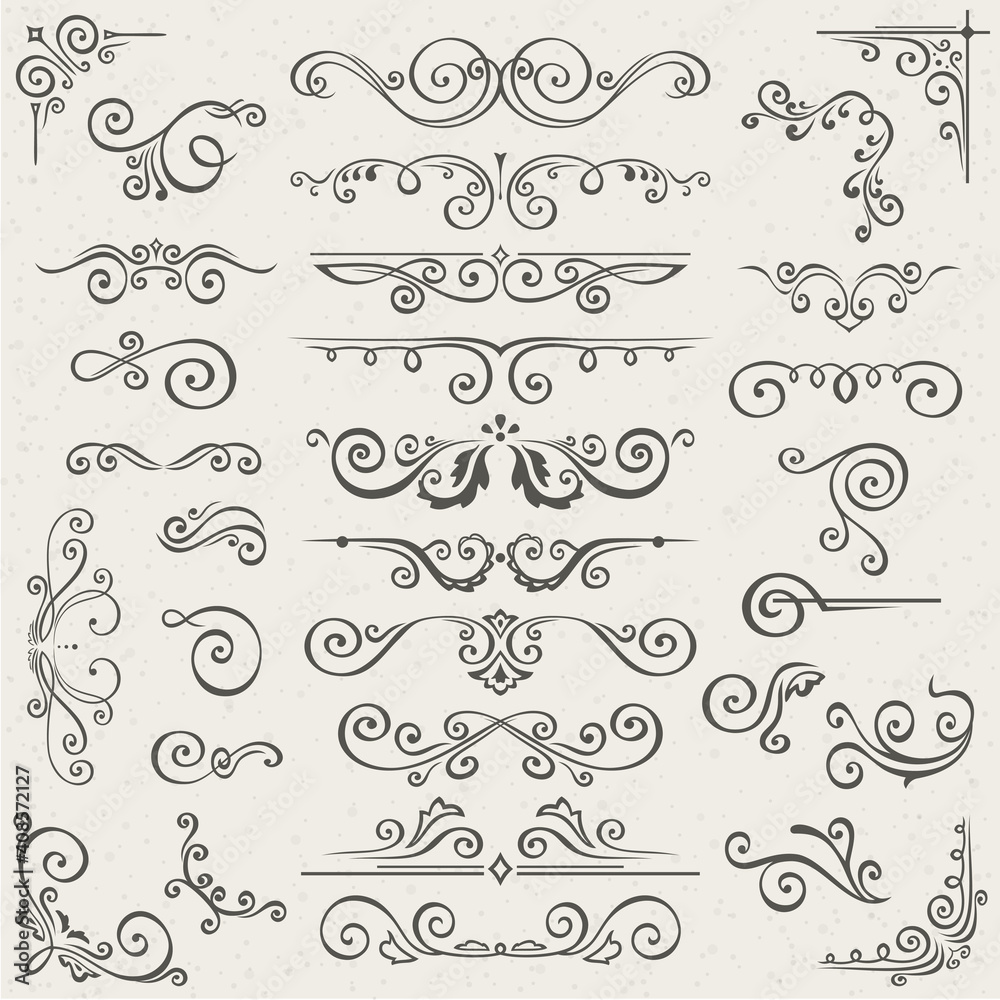 set of Swirl Elements for design. Calligraphic page decoration, Labels, banners, antique and baroque Frames floral ornaments. Old paper set of Swirl Elements for design. Calligraphic page decoration, Labels, banners, antique and baroque Frames floral ornaments. Old paper