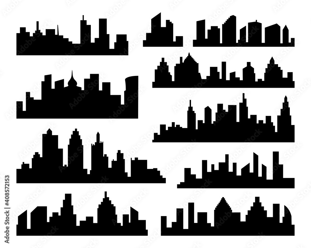 Set of Cities Silhouette. Black City Icons on white Background
