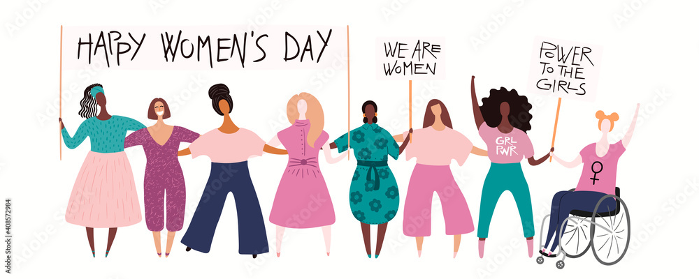 Diverse women group, woman in a wheelchair on a protest, holding different placards, banners with copy space. Hand drawn vector illustration, isolated on white. Flat style design. Concept for feminism Diverse women group, woman in a wheelchair on a protest, holding different placards, banners with copy space. Hand drawn vector illustration, isolated on white. Flat style design. Concept for feminism