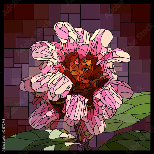 Vector square mosaic with blooming unknown pink flower in stained glass window.