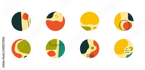 Abstract modern Vector Backgrounds. Hand drawn various Shapes and lines. Set of eight Round Patterns. Contemporary design. Social media stories or avatar templates. Every icon is Isolated on white