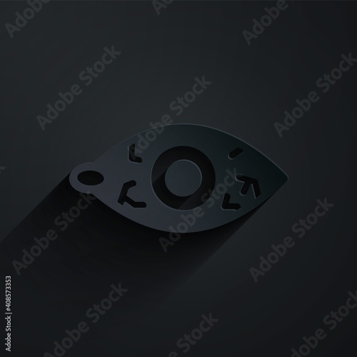 Paper cut Reddish eye due to viral, bacterial or allergic conjunctivitis icon isolated on black background. Paper art style. Vector.