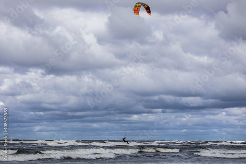 Kitesurfing on the Baltic Sea near Katy Rybackie village, Poland
