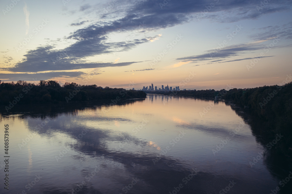 Fototapeta premium Evening view of Vistula River in Warsaw, view from Siekierkowski Bridge, Poland
